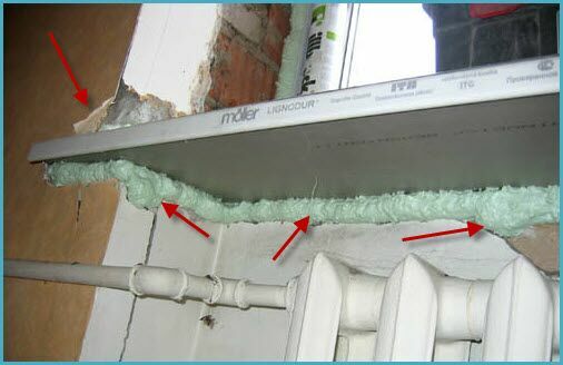 Подоконное пространство, заполненное пеной